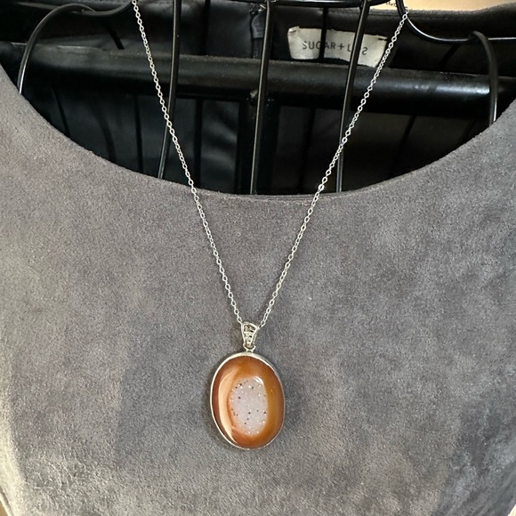 B.Rising Jewelry - Druzy Agate Oval Pendant Necklace on Silver Copper Chain